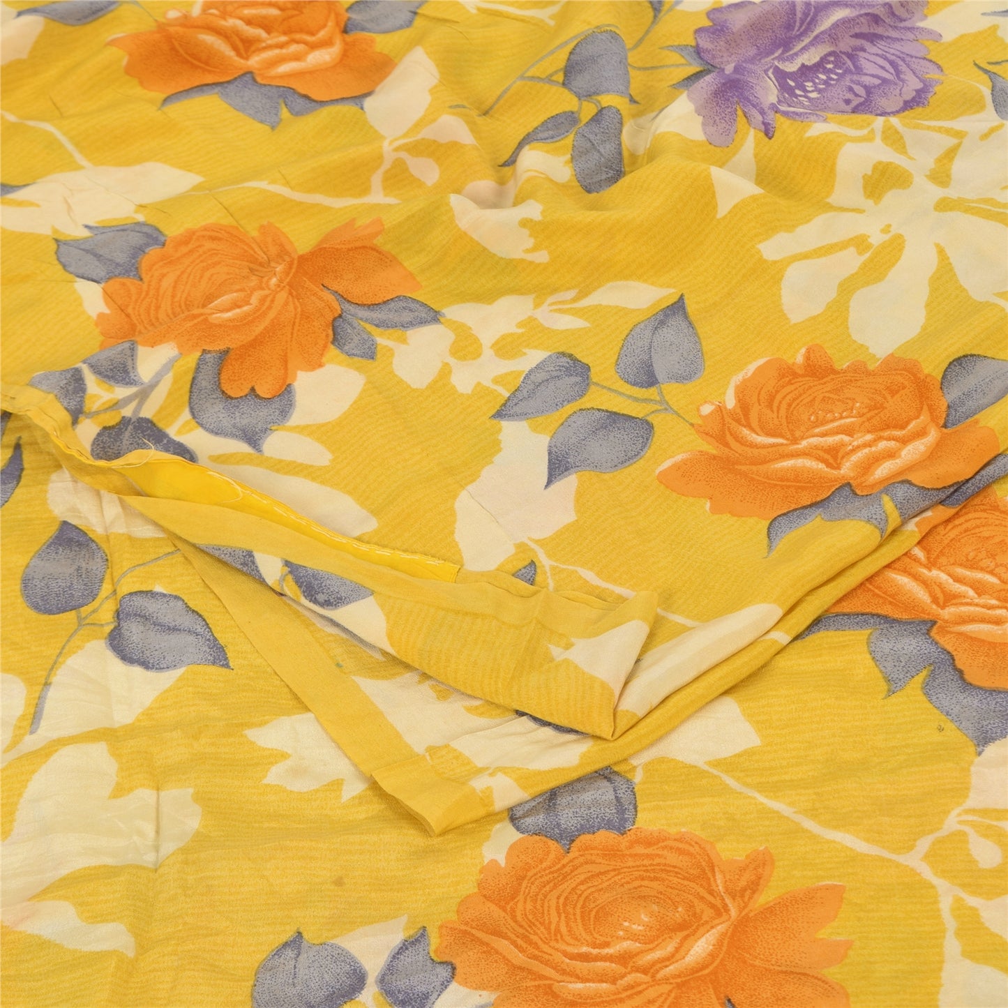 Sanskriti Vintage Sarees Yellow Pure Crepe Silk Printed Sari 5+yd Craft Sustainable Fabric