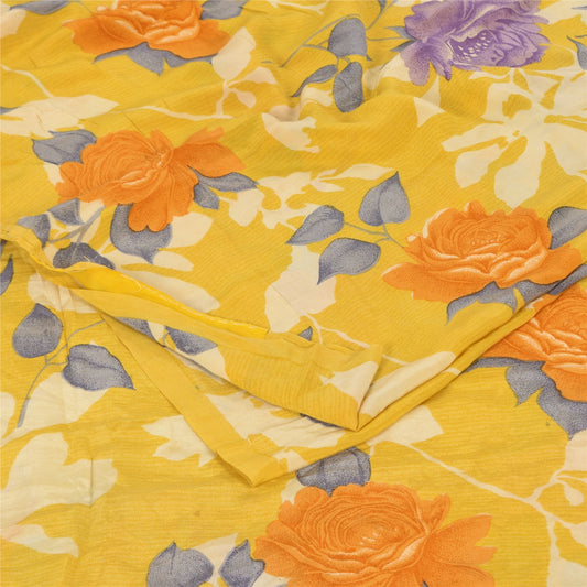 Sanskriti Vintage Sarees Yellow Pure Crepe Silk Printed Sari 5+yd Craft Sustainable Fabric