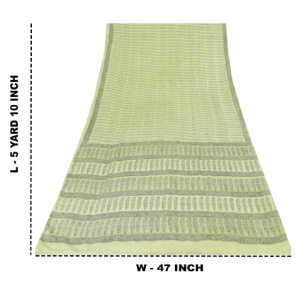 Sanskriti Vintage Sarees Olive Green Pure Crepe Printed Sari 5+yd Craft Sustainable Fabric