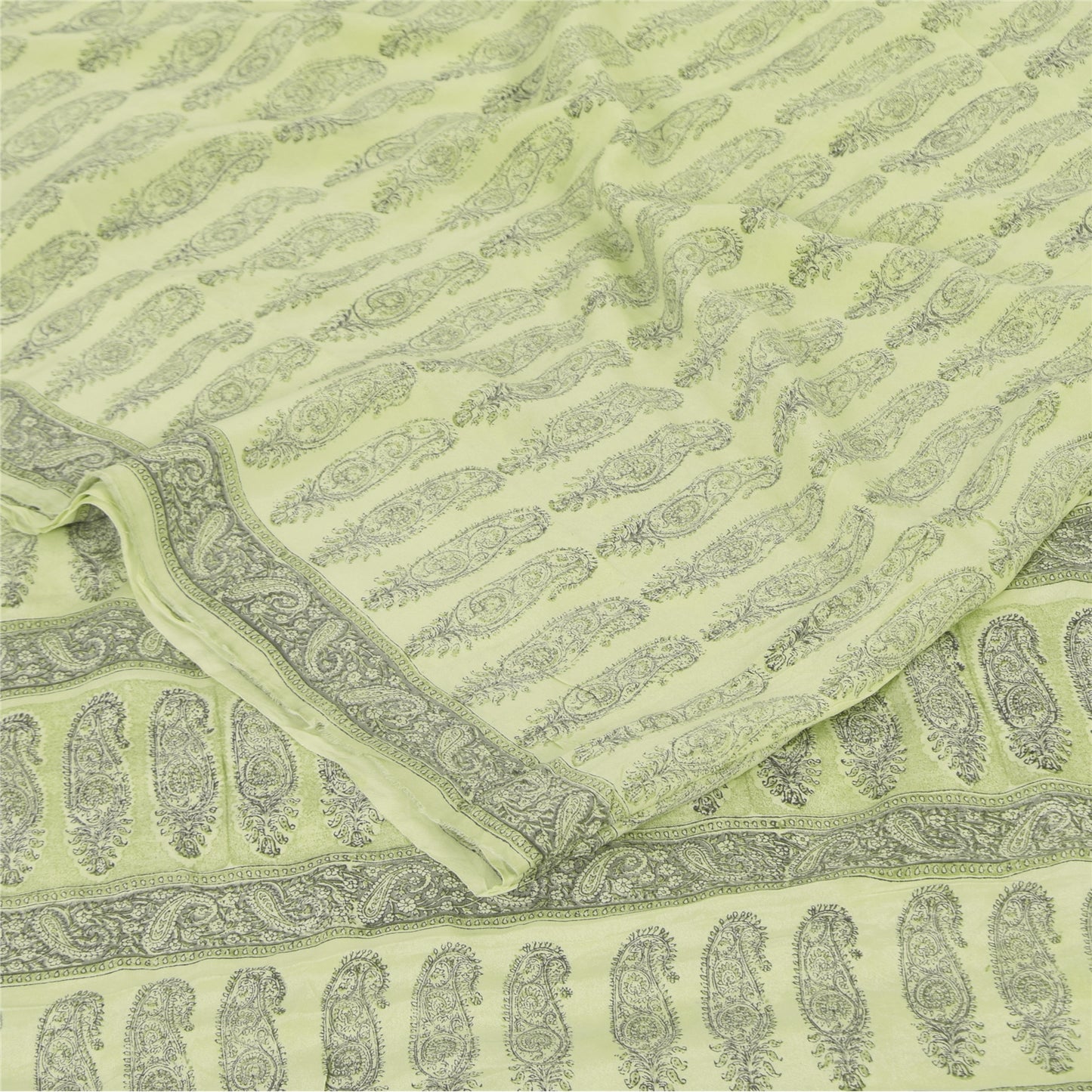 Sanskriti Vintage Sarees Olive Green Pure Crepe Printed Sari 5+yd Craft Sustainable Fabric