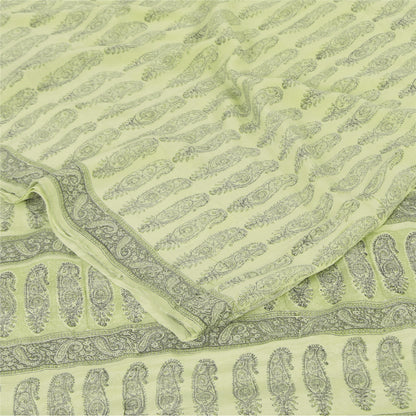 Sanskriti Vintage Sarees Olive Green Pure Crepe Printed Sari 5+yd Craft Sustainable Fabric