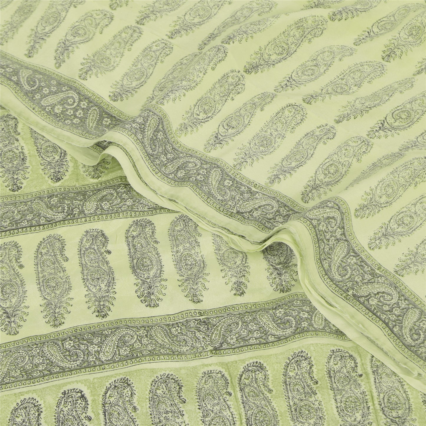 Sanskriti Vintage Sarees Olive Green Pure Crepe Printed Sari 5+yd Craft Sustainable Fabric