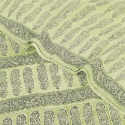 Sanskriti Vintage Sarees Olive Green Pure Crepe Printed Sari 5+yd Craft Sustainable Fabric