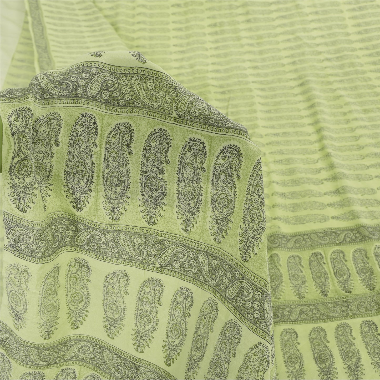 Sanskriti Vintage Sarees Olive Green Pure Crepe Printed Sari 5+yd Craft Sustainable Fabric