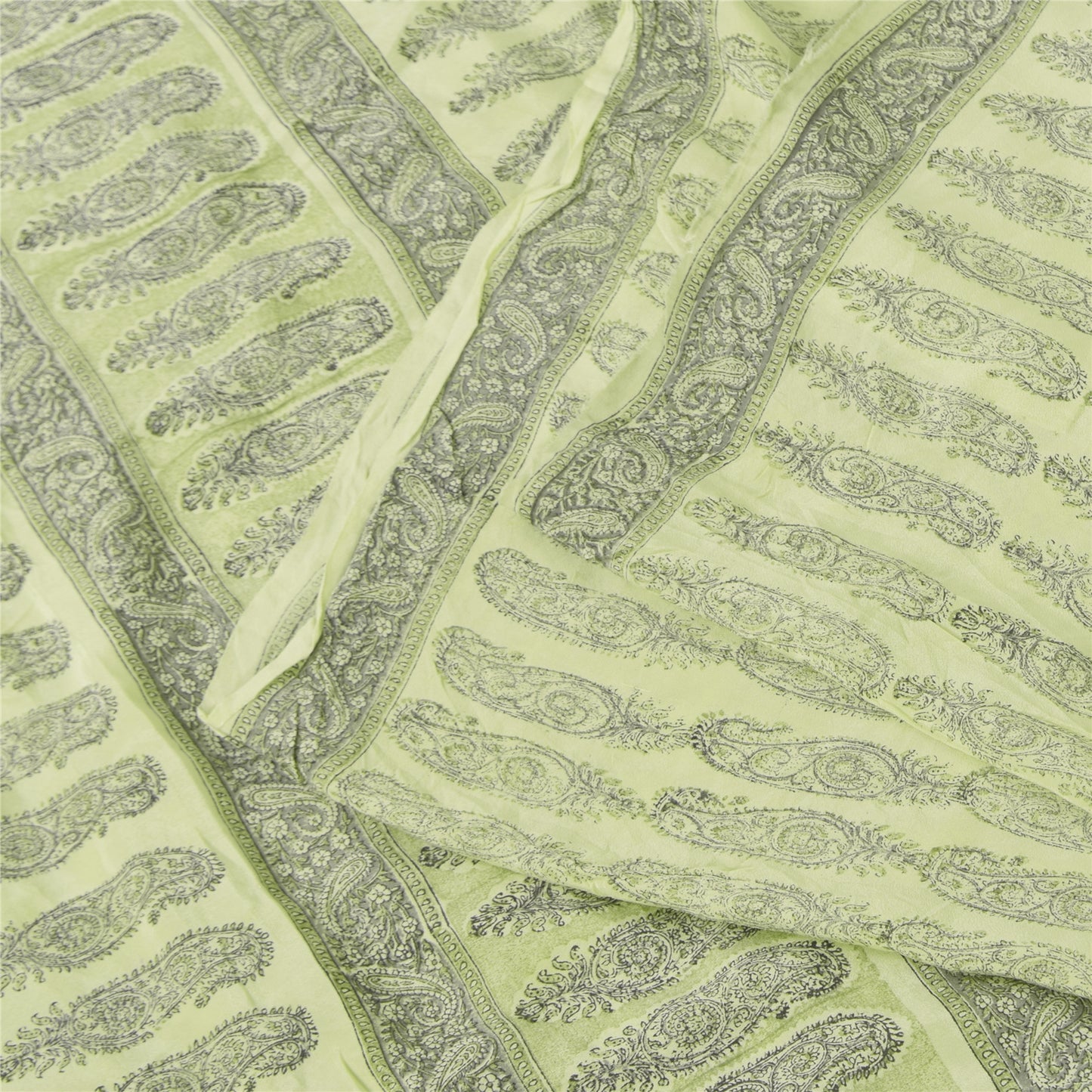 Sanskriti Vintage Sarees Olive Green Pure Crepe Printed Sari 5+yd Craft Sustainable Fabric