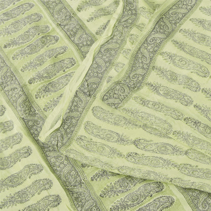 Sanskriti Vintage Sarees Olive Green Pure Crepe Printed Sari 5+yd Craft Sustainable Fabric