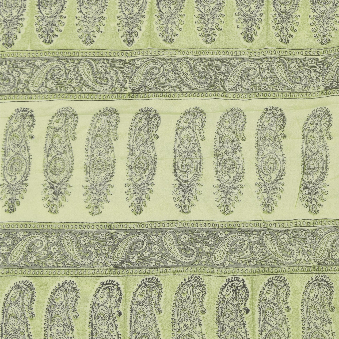 Sanskriti Vintage Sarees Olive Green Pure Crepe Printed Sari 5+yd Craft Sustainable Fabric