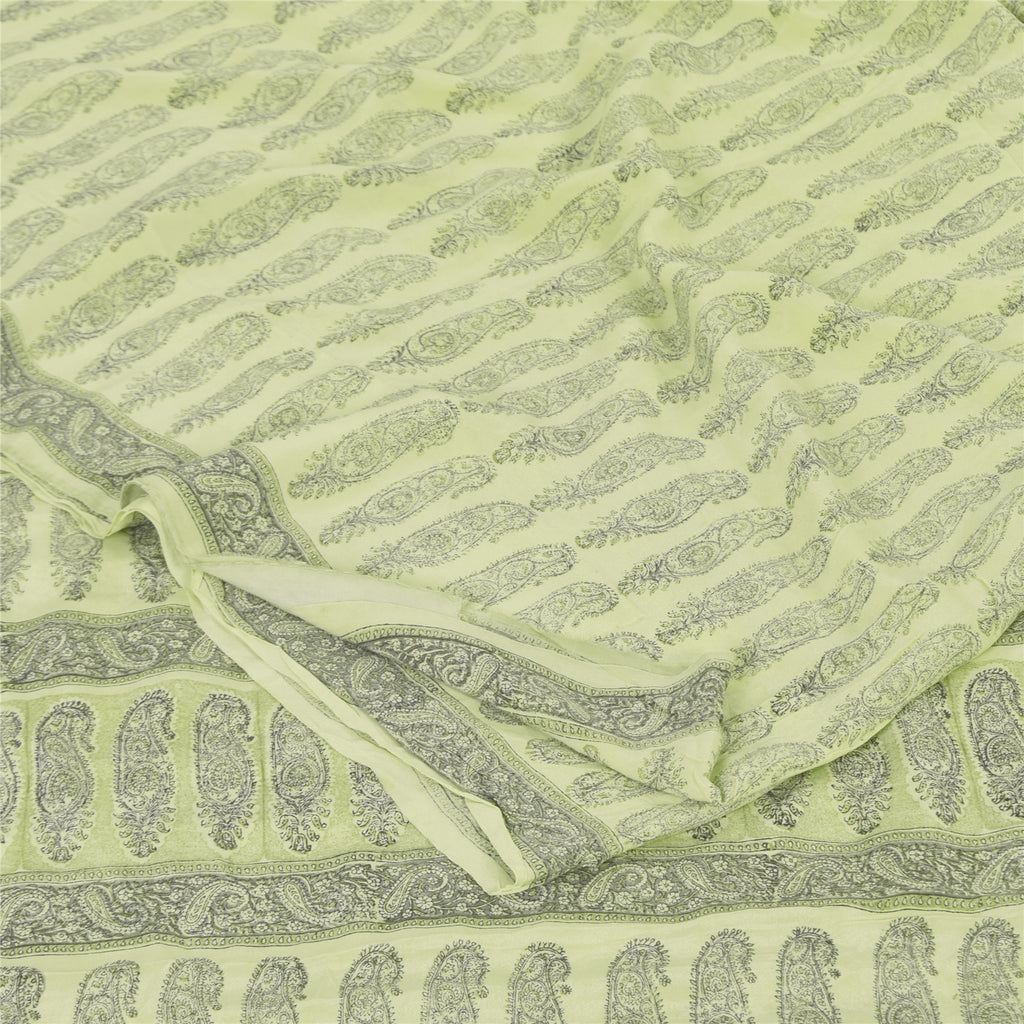 Sanskriti Vintage Sarees Olive Green Pure Crepe Printed Sari 5+yd Craft Sustainable Fabric