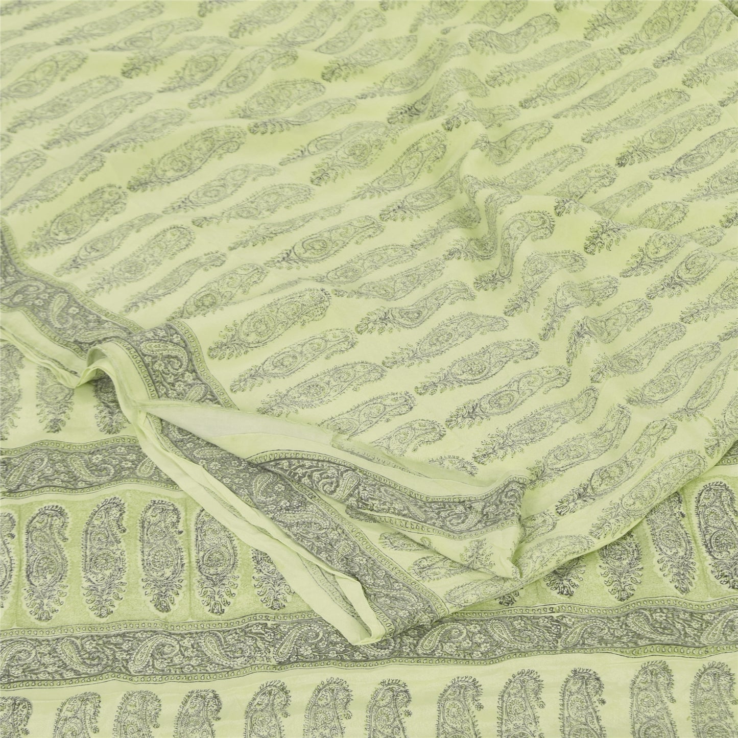 Sanskriti Vintage Sarees Olive Green Pure Crepe Printed Sari 5+yd Craft Sustainable Fabric