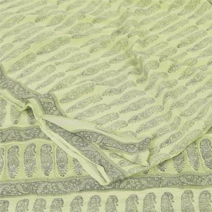 Sanskriti Vintage Sarees Olive Green Pure Crepe Printed Sari 5+yd Craft Sustainable Fabric