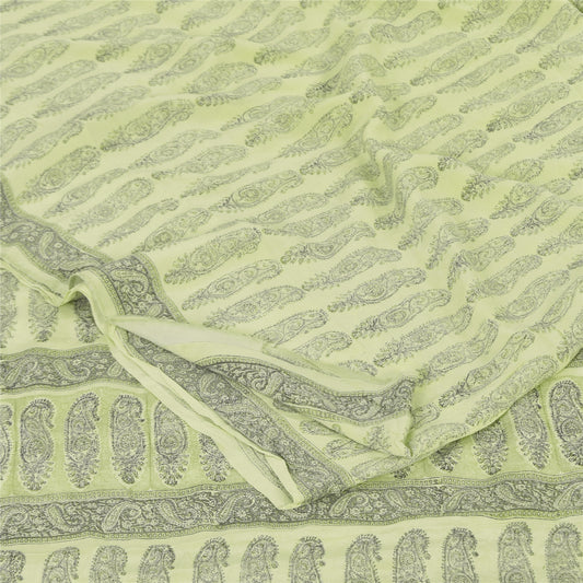 Sanskriti Vintage Sarees Olive Green Pure Crepe Printed Sari 5+yd Craft Sustainable Fabric