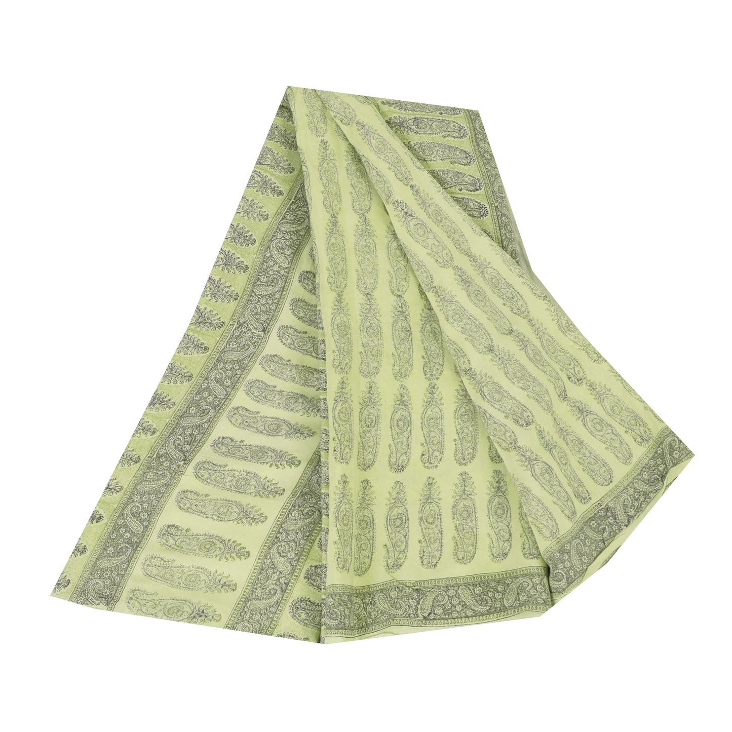 Sanskriti Vintage Sarees Olive Green Pure Crepe Printed Sari 5+yd Craft Sustainable Fabric