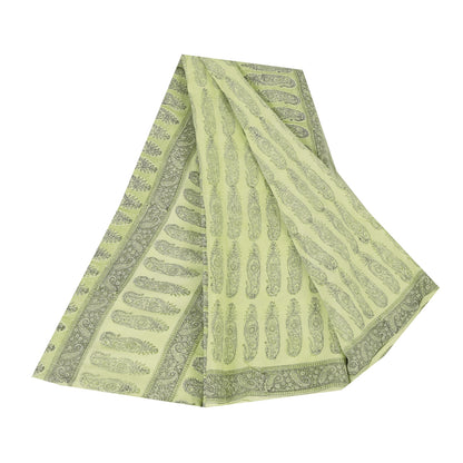Sanskriti Vintage Sarees Olive Green Pure Crepe Printed Sari 5+yd Craft Sustainable Fabric