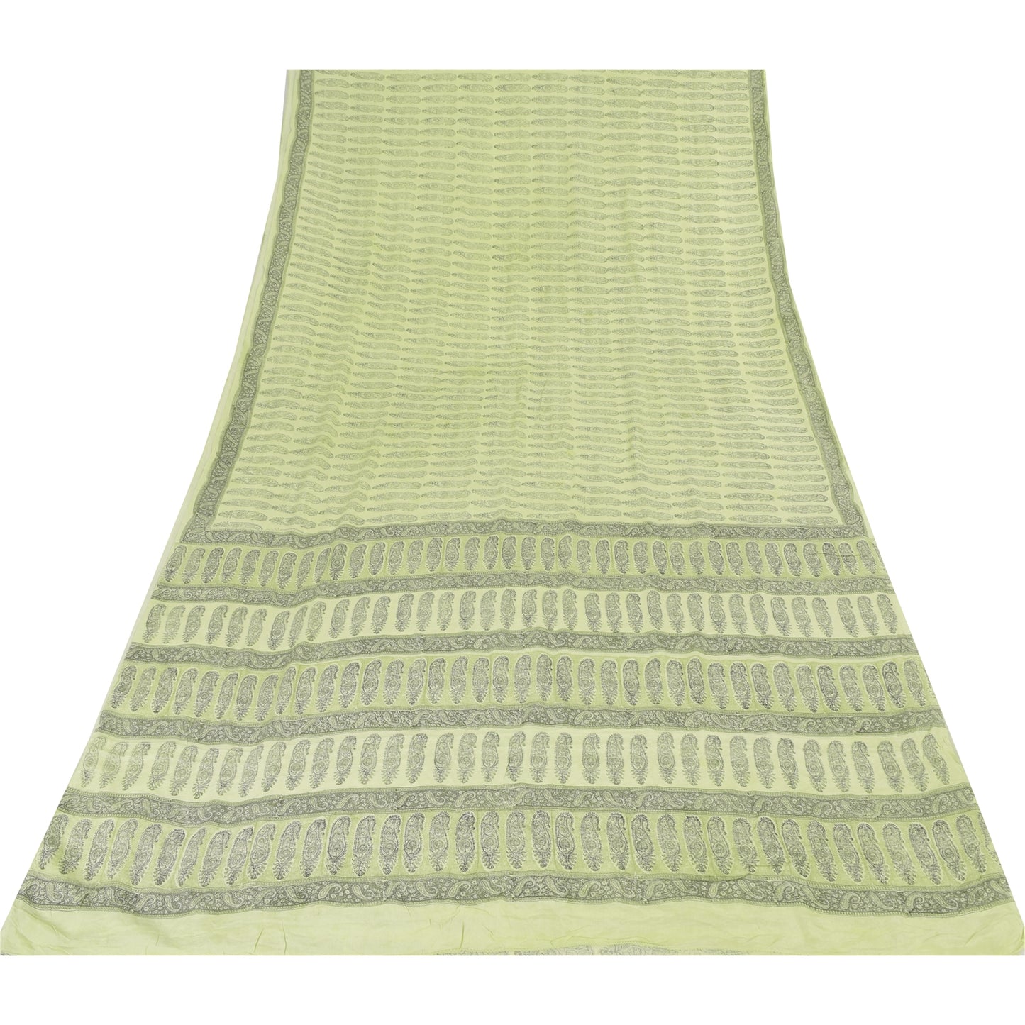 Sanskriti Vintage Sarees Olive Green Pure Crepe Printed Sari 5+yd Craft Sustainable Fabric