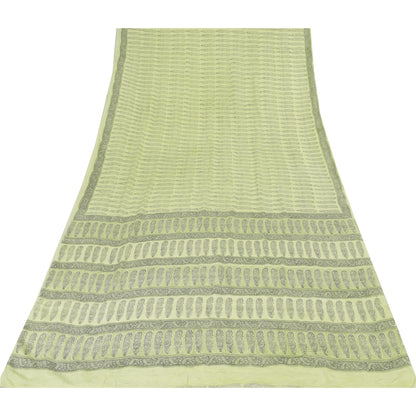 Sanskriti Vintage Sarees Olive Green Pure Crepe Printed Sari 5+yd Craft Sustainable Fabric