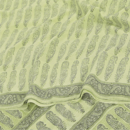 Sanskriti Vintage Sarees Olive Green Pure Crepe Printed Sari 5+yd Craft Sustainable Fabric