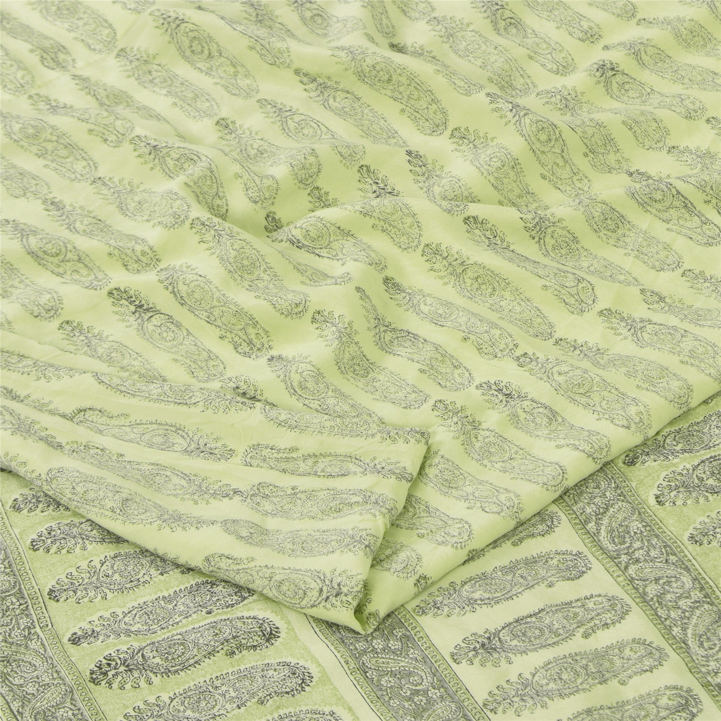 Sanskriti Vintage Sarees Olive Green Pure Crepe Printed Sari 5+yd Craft Sustainable Fabric