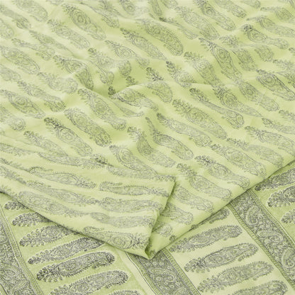 Sanskriti Vintage Sarees Olive Green Pure Crepe Printed Sari 5+yd Craft Sustainable Fabric