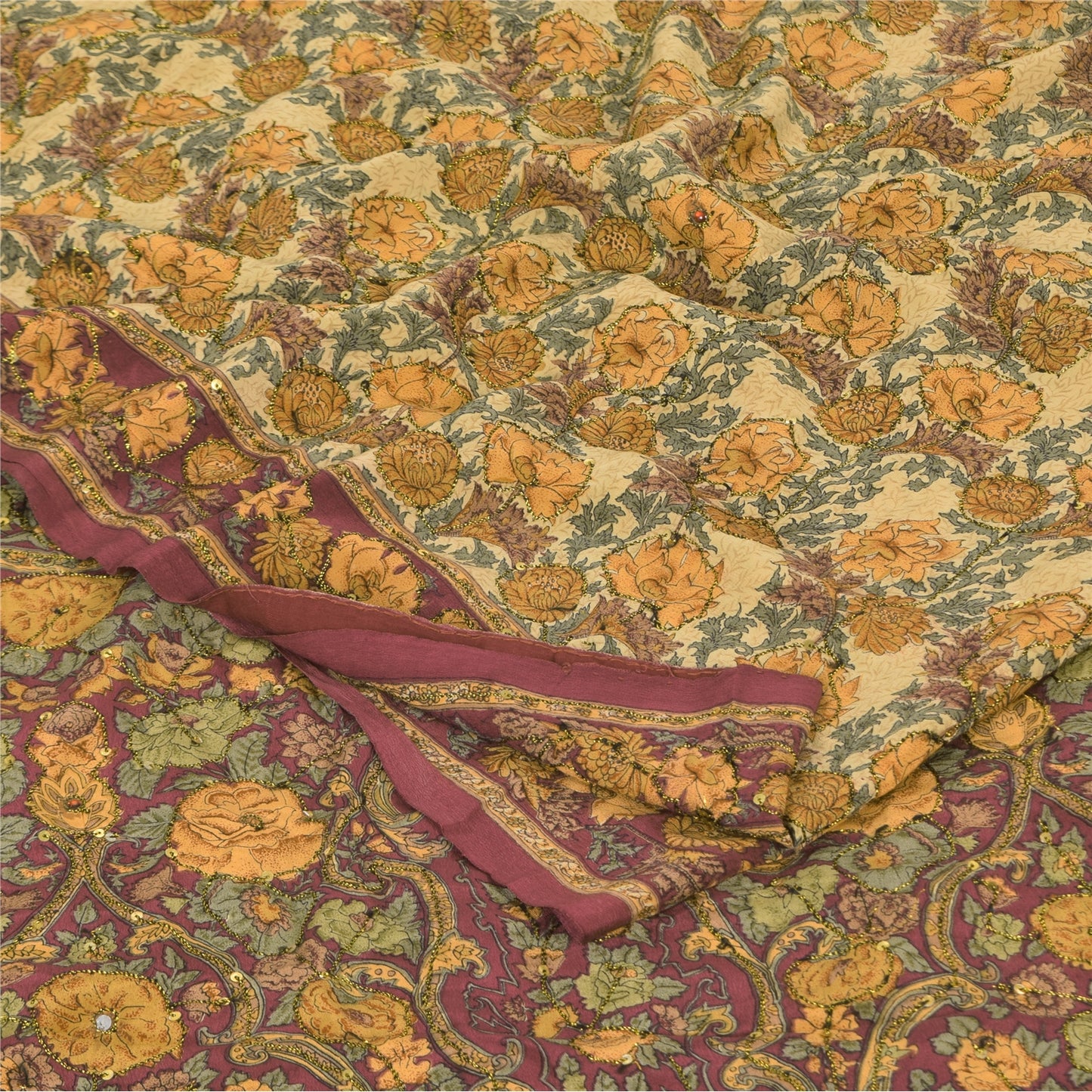 Sanskriti Vintage Sarees Multi Pure Crepe Silk Printed Sari 5+yd Craft Fabric