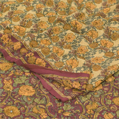 Sanskriti Vintage Sarees Multi Pure Crepe Silk Printed Sari 5+yd Craft Fabric