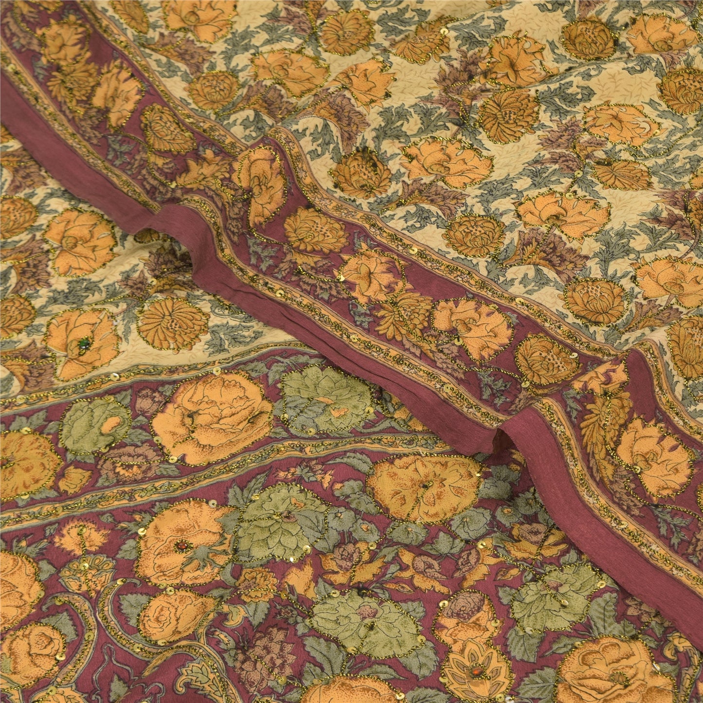 Sanskriti Vintage Sarees Multi Pure Crepe Silk Printed Sari 5+yd Craft Fabric