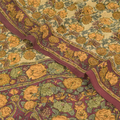 Sanskriti Vintage Sarees Multi Pure Crepe Silk Printed Sari 5+yd Craft Fabric