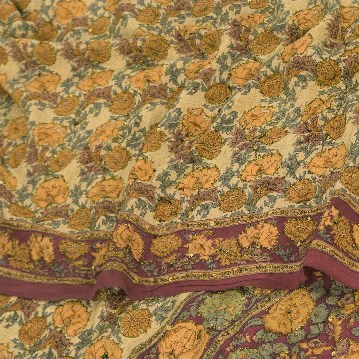 Sanskriti Vintage Sarees Multi Pure Crepe Silk Printed Sari 5+yd Craft Fabric