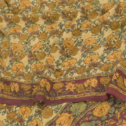 Sanskriti Vintage Sarees Multi Pure Crepe Silk Printed Sari 5+yd Craft Fabric