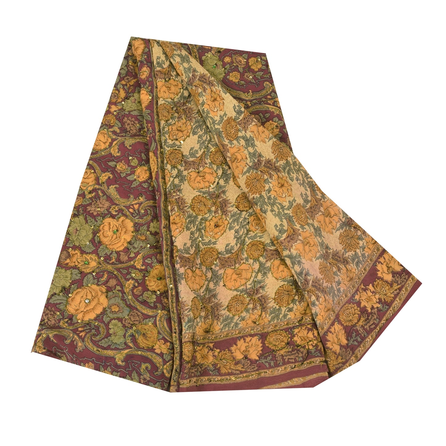 Sanskriti Vintage Sarees Multi Pure Crepe Silk Printed Sari 5+yd Craft Fabric