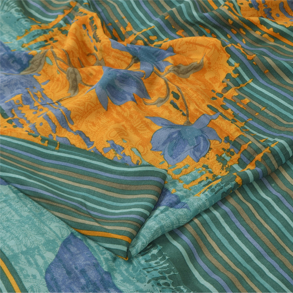 Sanskriti Vintage Sarees Multi Pure Crepe Silk Printed Sari 5+yd Craft Sustainable Fabric