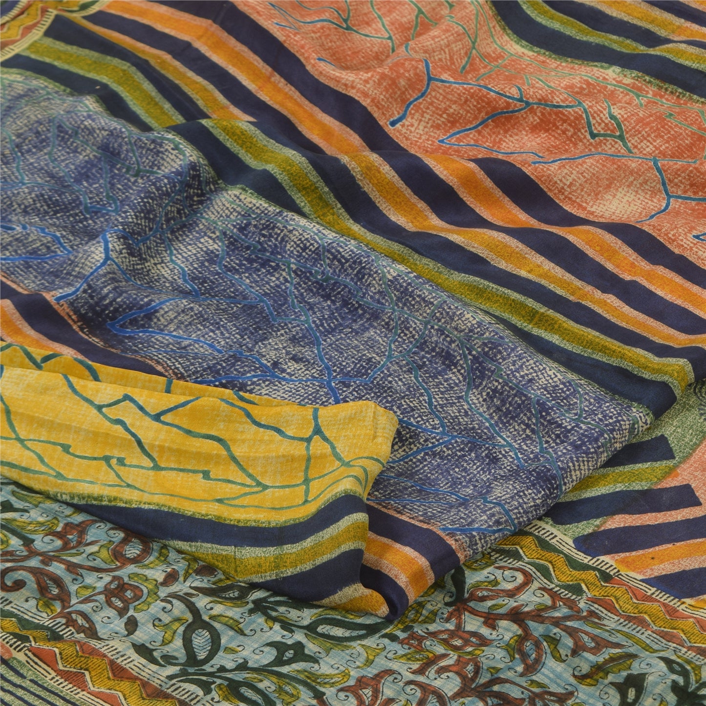 Sanskriti Vintage Sarees Multi Pure Crepe Silk Printed Sari 5+yd Craft Sustainable Fabric