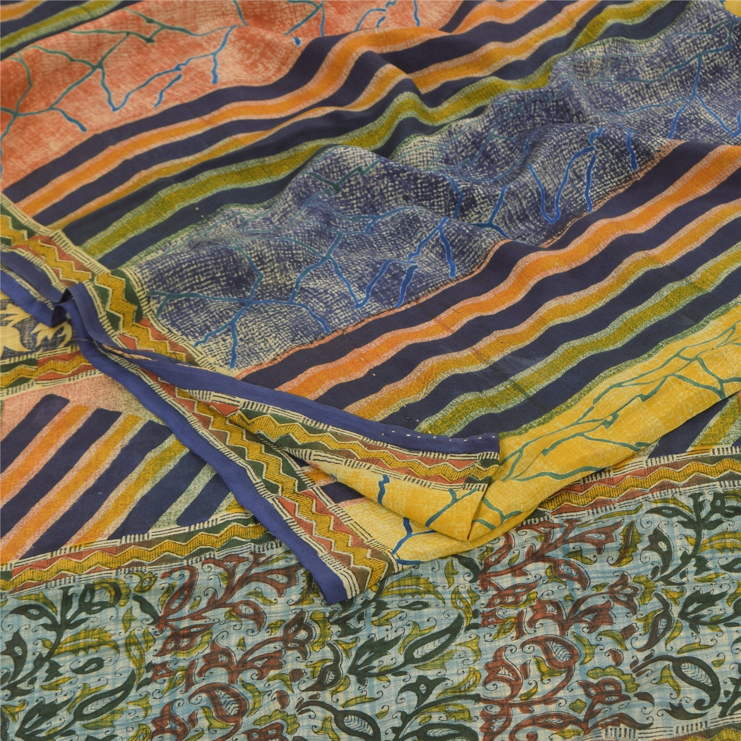 Sanskriti Vintage Sarees Multi Pure Crepe Silk Printed Sari 5+yd Craft Sustainable Fabric