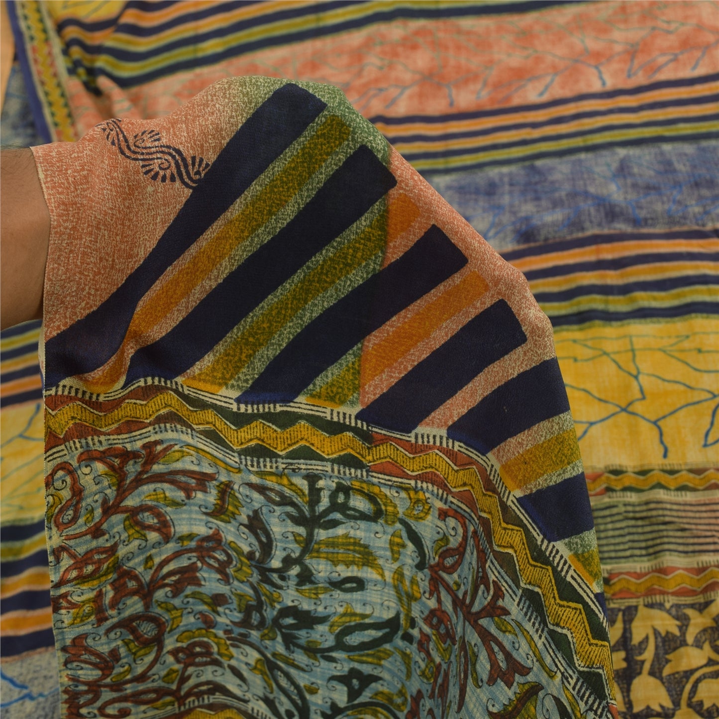 Sanskriti Vintage Sarees Multi Pure Crepe Silk Printed Sari 5+yd Craft Sustainable Fabric