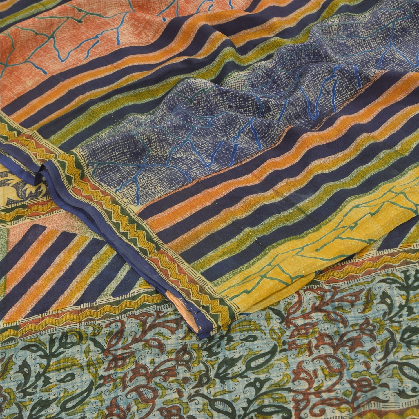 Sanskriti Vintage Sarees Multi Pure Crepe Silk Printed Sari 5+yd Craft Sustainable Fabric