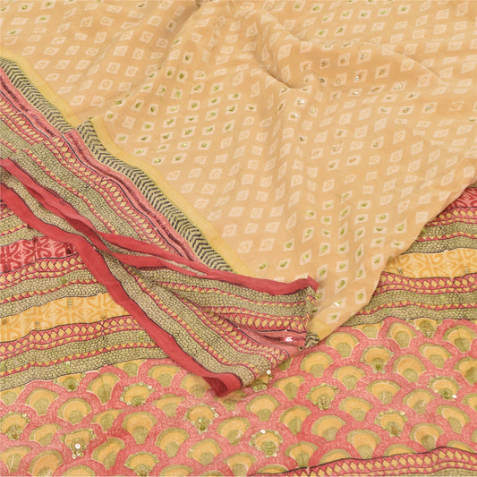 Sanskriti Vintage Sarees Peach Hand Beads Print Pure Crepe Silk Sari 5+yd Sustainable Fabric