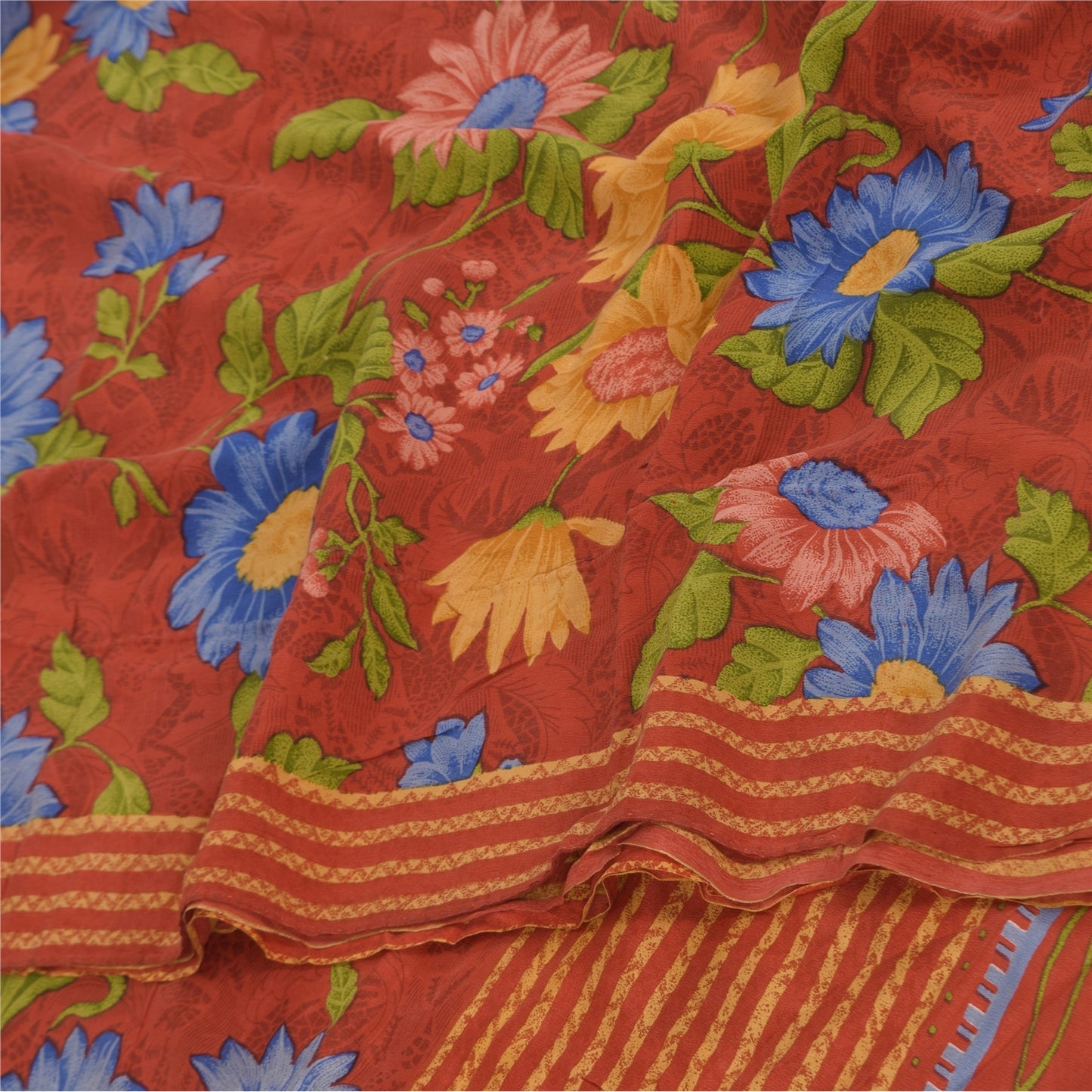 Sanskriti Vintage Sarees Reddish Orange Pure Crepe Silk Printed Sari 5+yd Sustainable Fabric