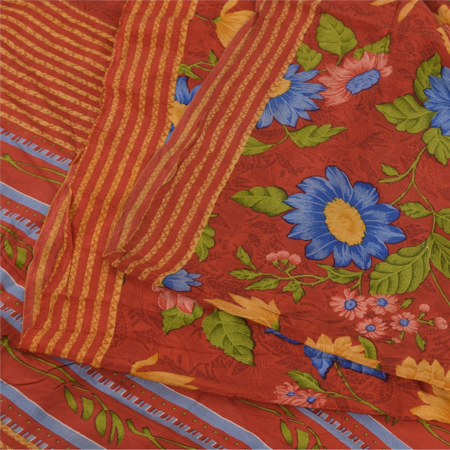 Sanskriti Vintage Sarees Reddish Orange Pure Crepe Silk Printed Sari 5+yd Sustainable Fabric