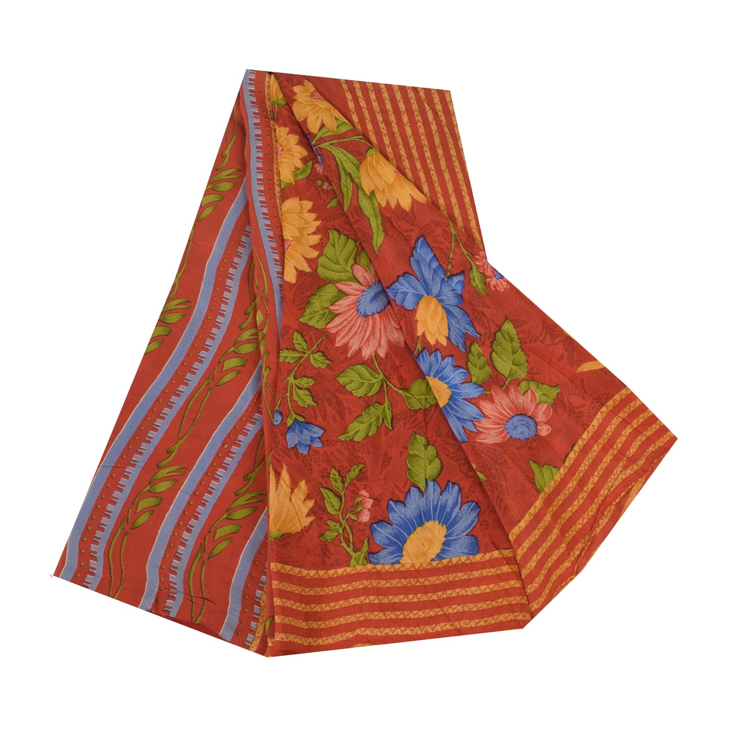 Sanskriti Vintage Sarees Reddish Orange Pure Crepe Silk Printed Sari 5+yd Sustainable Fabric