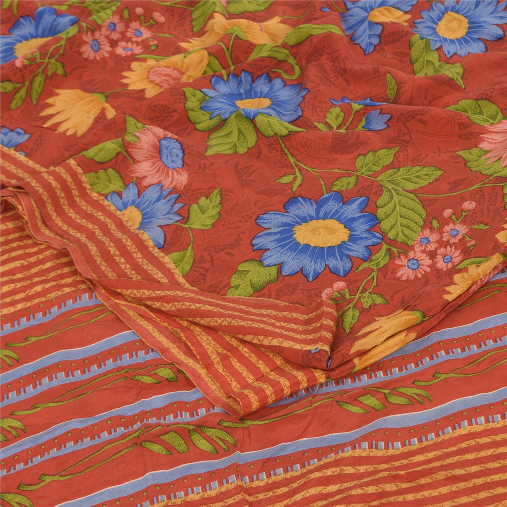 Sanskriti Vintage Sarees Reddish Orange Pure Crepe Silk Printed Sari 5+yd Sustainable Fabric