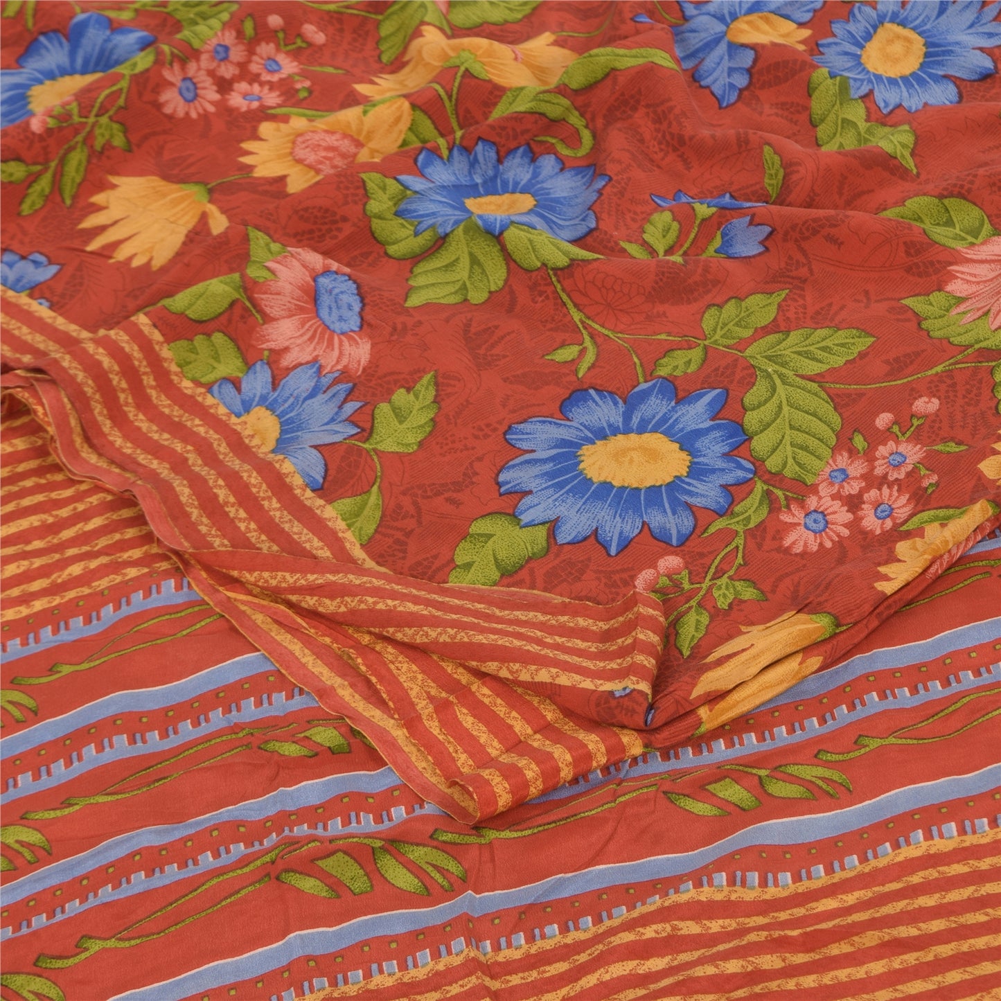 Sanskriti Vintage Sarees Reddish Orange Pure Crepe Silk Printed Sari 5+yd Sustainable Fabric