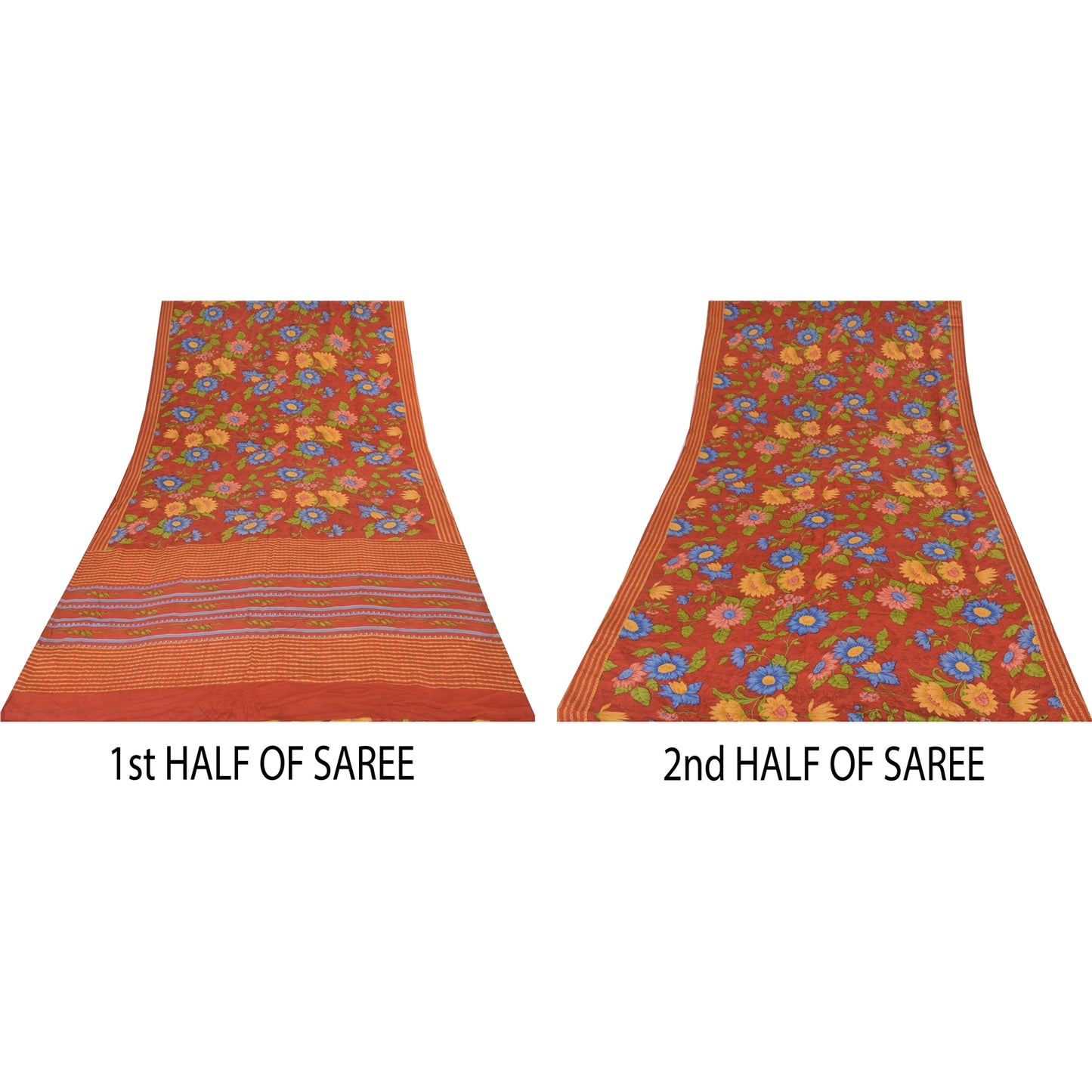 Sanskriti Vintage Sarees Reddish Orange Pure Crepe Silk Printed Sari 5+yd Sustainable Fabric