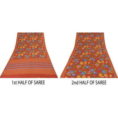 Sanskriti Vintage Sarees Reddish Orange Pure Crepe Silk Printed Sari 5+yd Sustainable Fabric