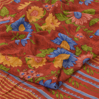 Sanskriti Vintage Sarees Reddish Orange Pure Crepe Silk Printed Sari 5+yd Sustainable Fabric
