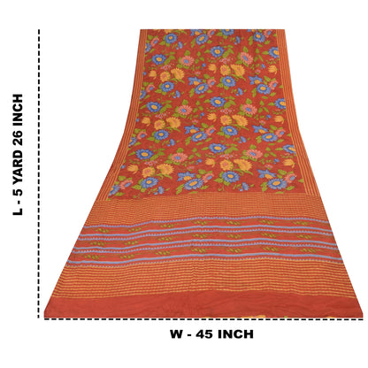 Sanskriti Vintage Sarees Reddish Orange Pure Crepe Silk Printed Sari 5+yd Sustainable Fabric