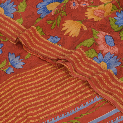 Sanskriti Vintage Sarees Reddish Orange Pure Crepe Silk Printed Sari 5+yd Sustainable Fabric
