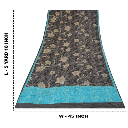 Sanskriti Vintage Sarees Black Pure Crepe Silk Printed Sari 5+yd Craft Sustainable Fabric