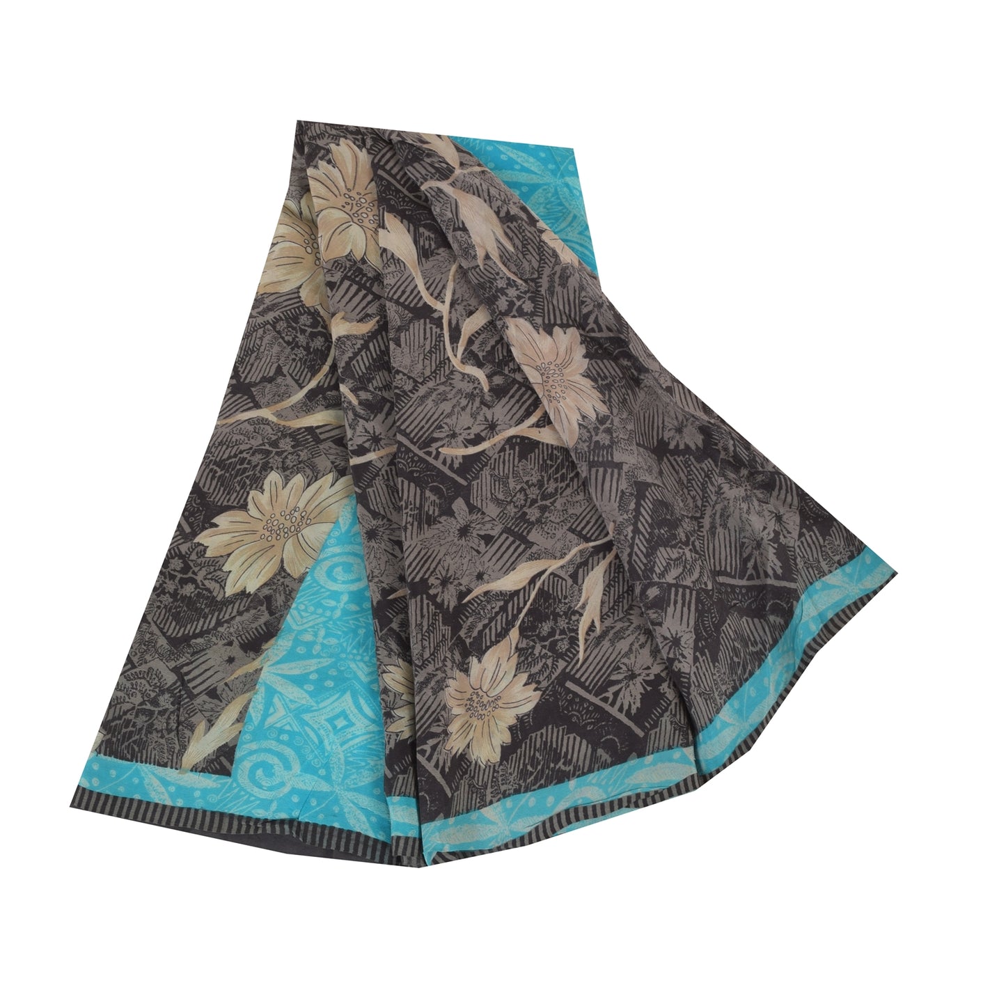 Sanskriti Vintage Sarees Black Pure Crepe Silk Printed Sari 5+yd Craft Sustainable Fabric