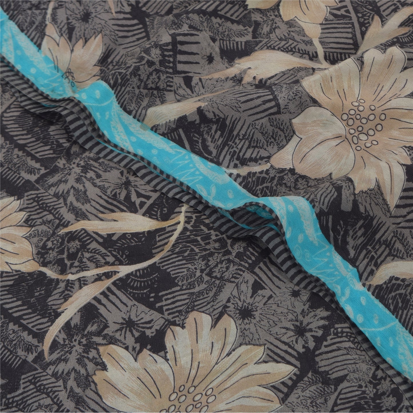 Sanskriti Vintage Sarees Black Pure Crepe Silk Printed Sari 5+yd Craft Sustainable Fabric