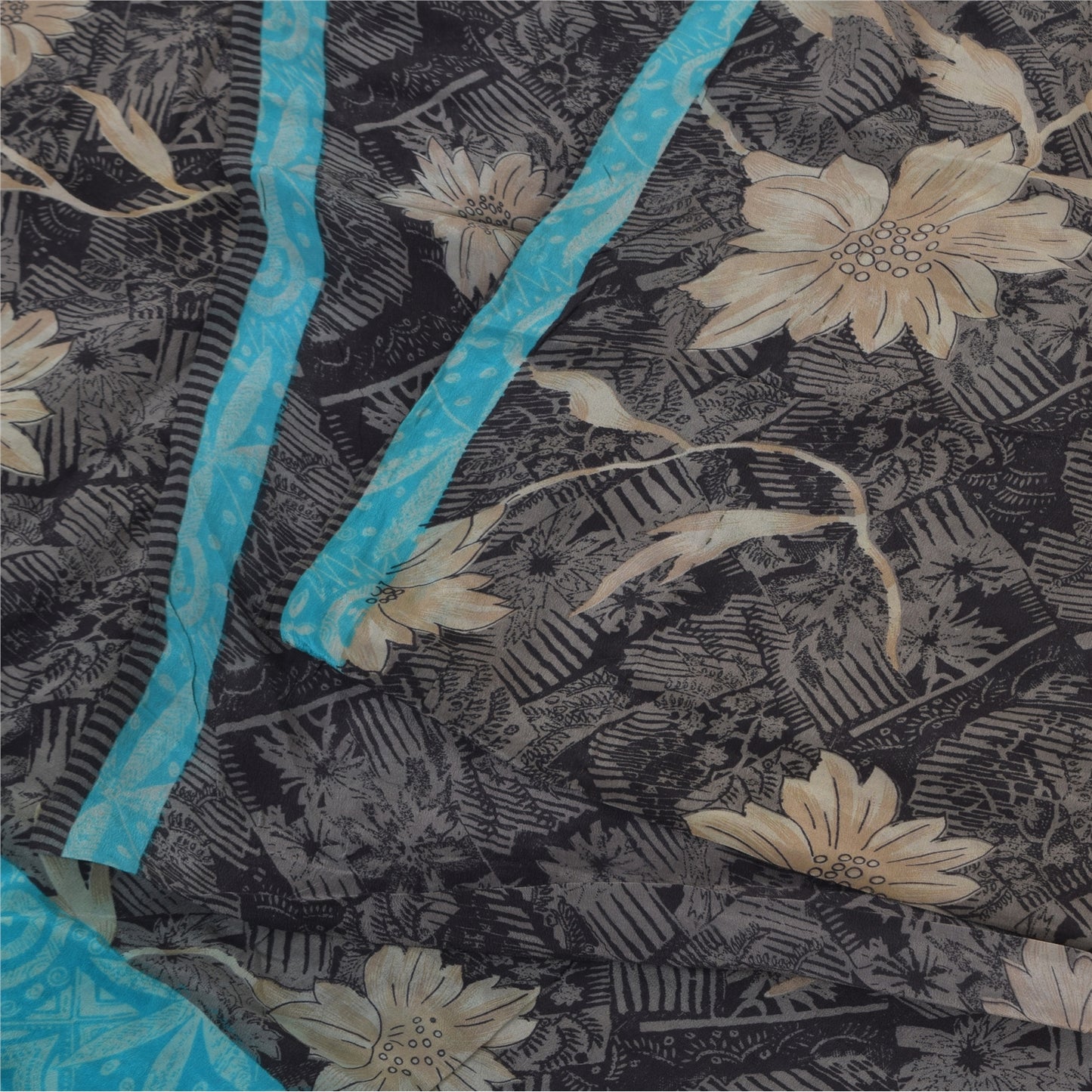 Sanskriti Vintage Sarees Black Pure Crepe Silk Printed Sari 5+yd Craft Sustainable Fabric