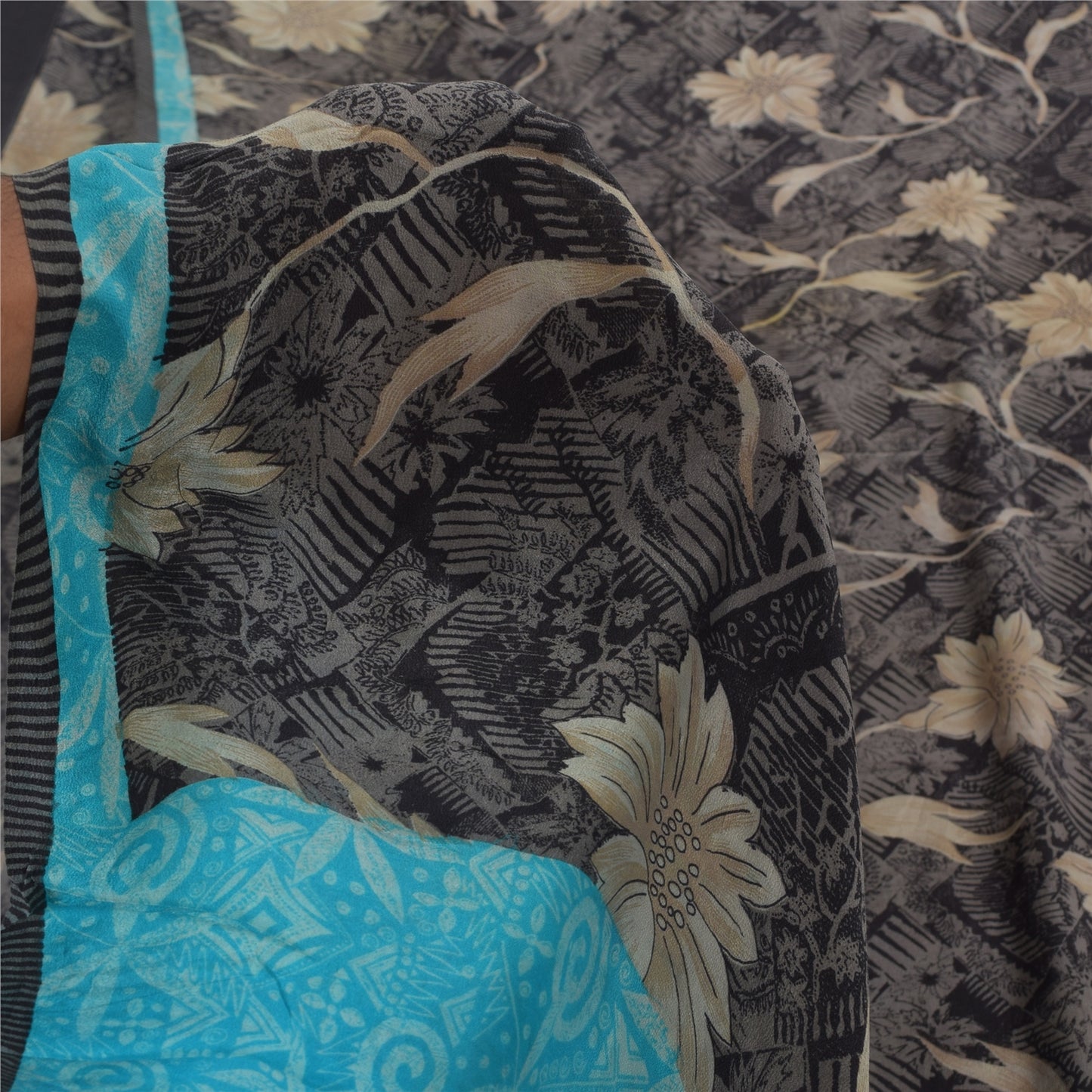 Sanskriti Vintage Sarees Black Pure Crepe Silk Printed Sari 5+yd Craft Sustainable Fabric